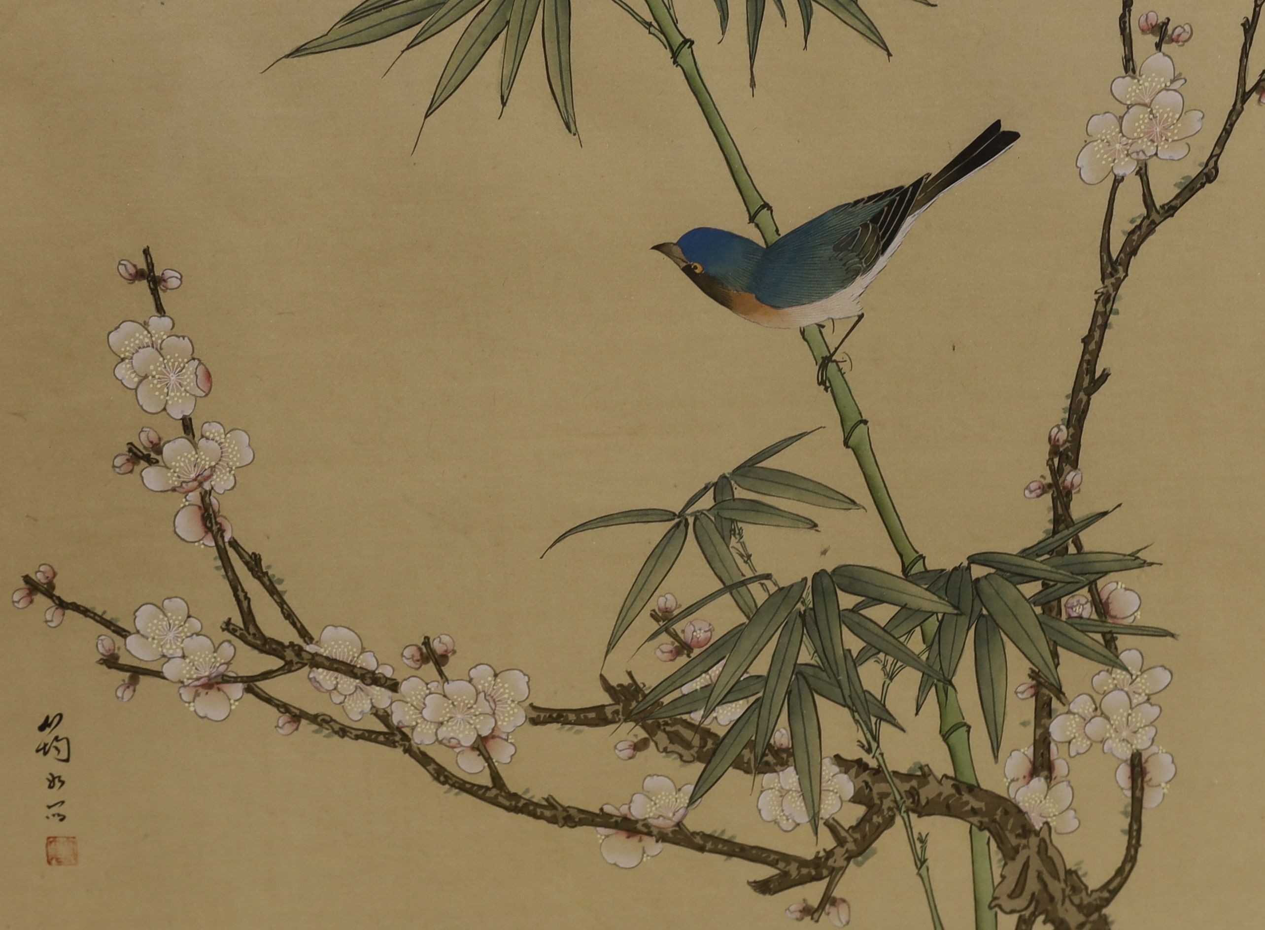 Chinese School, six watercolour and gouache on silk, Studies of birds and flowers, largest 68 x 33cm